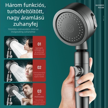 Zuhanyfej turbofeltöltéssel és szűrővel alacsony víznyomáshoz