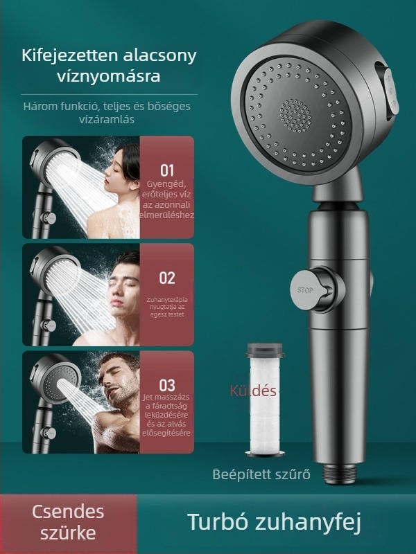 Zuhanyfej turbofeltöltéssel és szűrővel alacsony víznyomáshoz