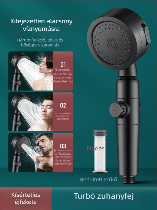 Zuhanyfej turbofeltöltéssel és szűrővel alacsony víznyomáshoz