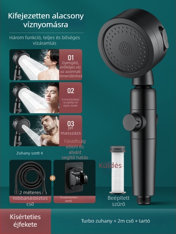 Zuhanyfej turbofeltöltéssel és szűrővel alacsony víznyomáshoz