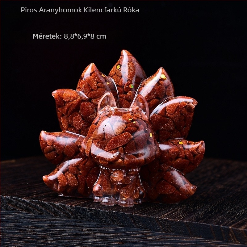 Nagy méretű természetes kristály kavicsból készült kilencfarkú róka dekoráció színes kövekkel és phoenix motívummal