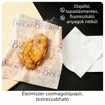 Hamburger papír, egyszer használatos csomagolópapír zsíroldó bevonattal, PE bevonattal, hamburgerhez, sült csirkéhez, csirkés tekercsekhez és rizsgolyókhoz