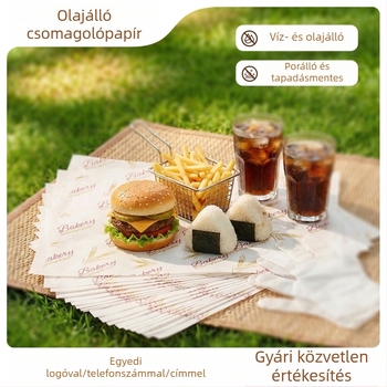 Hamburger papír, egyszer használatos csomagolópapír zsíroldó bevonattal, PE bevonattal, hamburgerhez, sült csirkéhez, csirkés tekercsekhez és rizsgolyókhoz