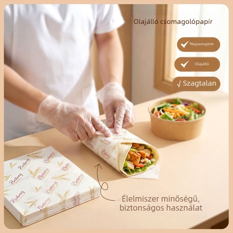 Hamburger papír, egyszer használatos csomagolópapír zsíroldó bevonattal, PE bevonattal, hamburgerhez, sült csirkéhez, csirkés tekercsekhez és rizsgolyókhoz