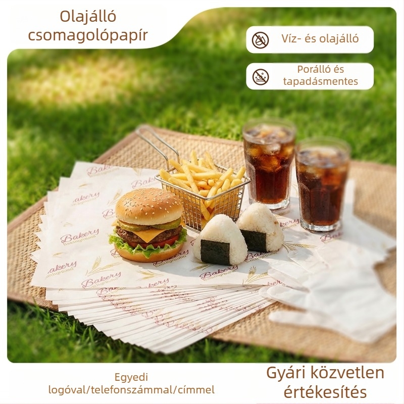 Hamburger papír, egyszer használatos csomagolópapír zsíroldó bevonattal, PE bevonattal, hamburgerhez, sült csirkéhez, csirkés tekercsekhez és rizsgolyókhoz