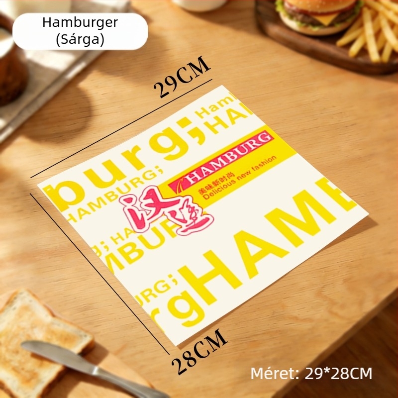 Hamburger papír, egyszer használatos csomagolópapír zsíroldó bevonattal, PE bevonattal, hamburgerhez, sült csirkéhez, csirkés tekercsekhez és rizsgolyókhoz