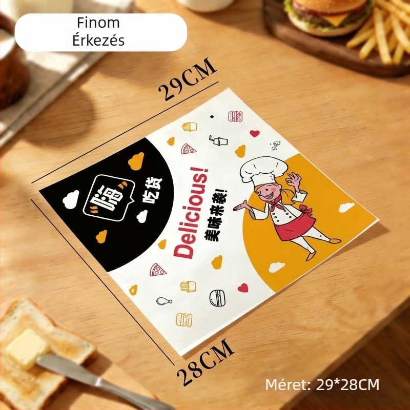 Hamburger papír, egyszer használatos csomagolópapír zsíroldó bevonattal, PE bevonattal, hamburgerhez, sült csirkéhez, csirkés tekercsekhez és rizsgolyókhoz