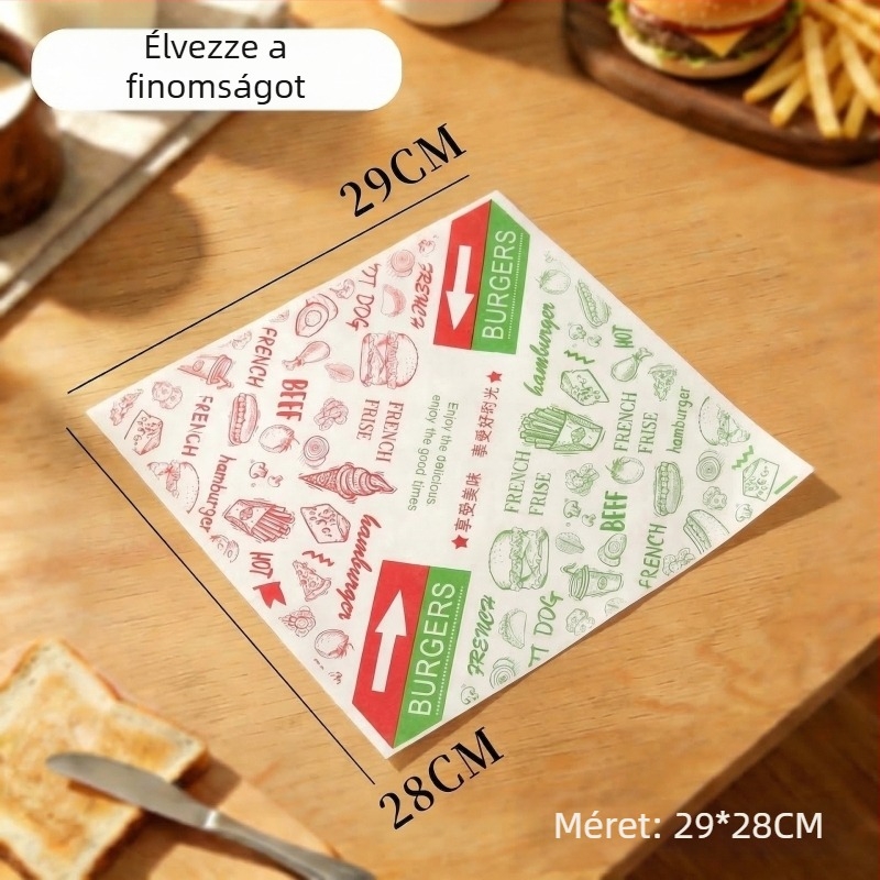 Hamburger papír, egyszer használatos csomagolópapír zsíroldó bevonattal, PE bevonattal, hamburgerhez, sült csirkéhez, csirkés tekercsekhez és rizsgolyókhoz