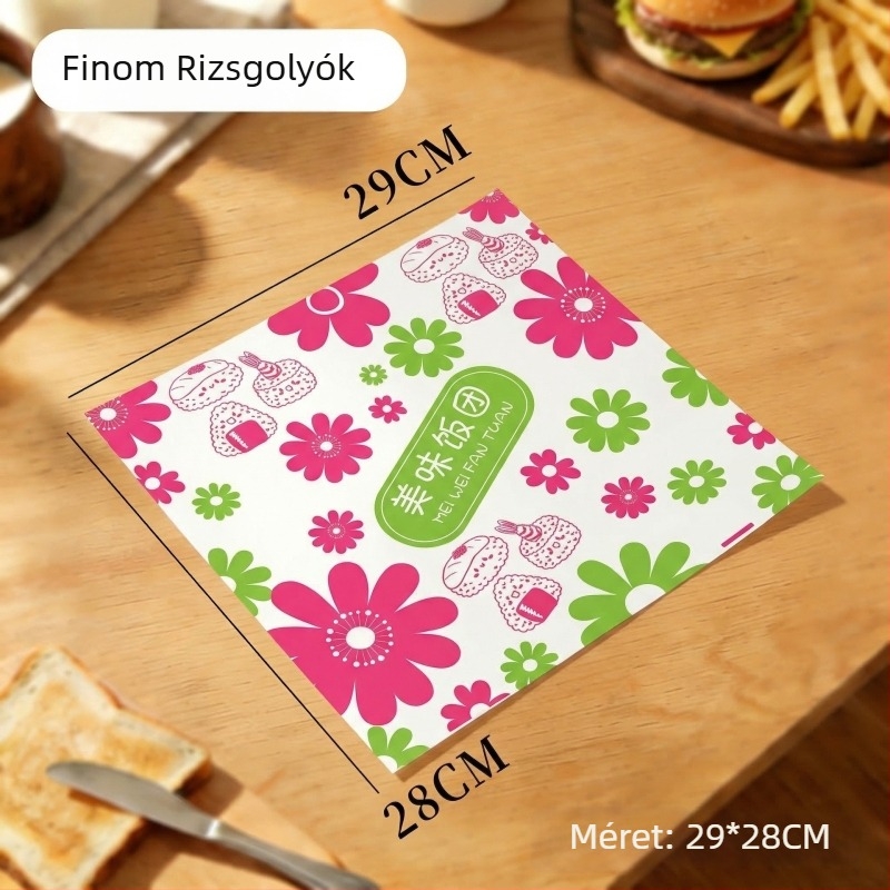 Hamburger papír, egyszer használatos csomagolópapír zsíroldó bevonattal, PE bevonattal, hamburgerhez, sült csirkéhez, csirkés tekercsekhez és rizsgolyókhoz
