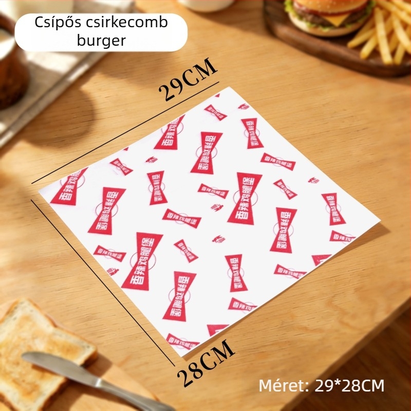 Hamburger papír, egyszer használatos csomagolópapír zsíroldó bevonattal, PE bevonattal, hamburgerhez, sült csirkéhez, csirkés tekercsekhez és rizsgolyókhoz