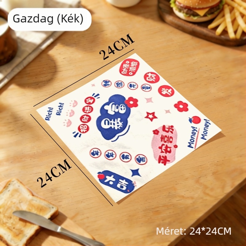 Hamburger papír, egyszer használatos csomagolópapír zsíroldó bevonattal, PE bevonattal, hamburgerhez, sült csirkéhez, csirkés tekercsekhez és rizsgolyókhoz