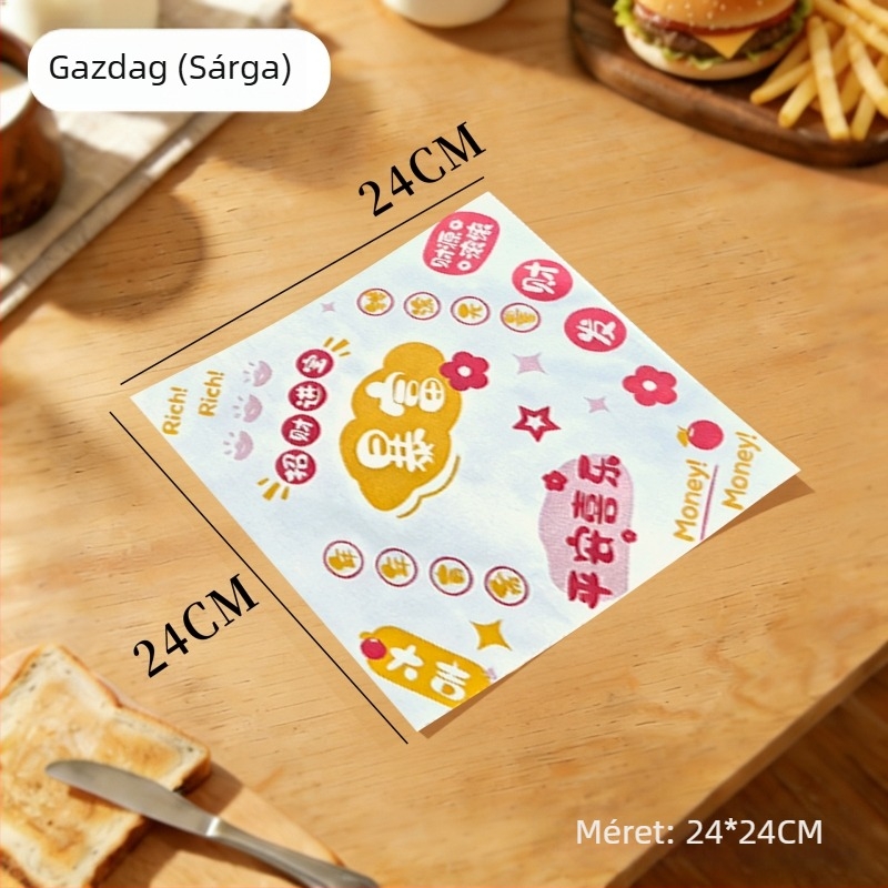 Hamburger papír, egyszer használatos csomagolópapír zsíroldó bevonattal, PE bevonattal, hamburgerhez, sült csirkéhez, csirkés tekercsekhez és rizsgolyókhoz
