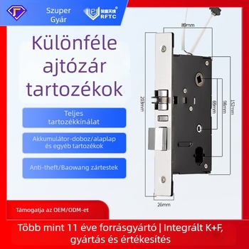 Intelligens hotelzárhoz való tartozékkészlet: zártest, ajtólemez, 6V külső tápegység, akkumulátor-kazetta, alaplap és hozzáférés-vezérlő gateway.