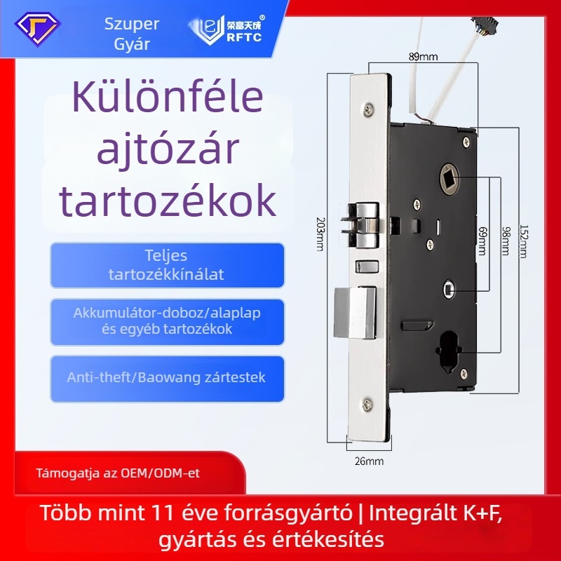 Intelligens hotelzárhoz való tartozékkészlet: zártest, ajtólemez, 6V külső tápegység, akkumulátor-kazetta, alaplap és hozzáférés-vezérlő gateway.