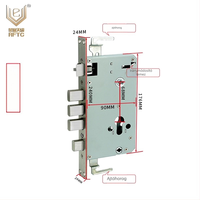 Intelligens hotelzárhoz való tartozékkészlet: zártest, ajtólemez, 6V külső tápegység, akkumulátor-kazetta, alaplap és hozzáférés-vezérlő gateway.