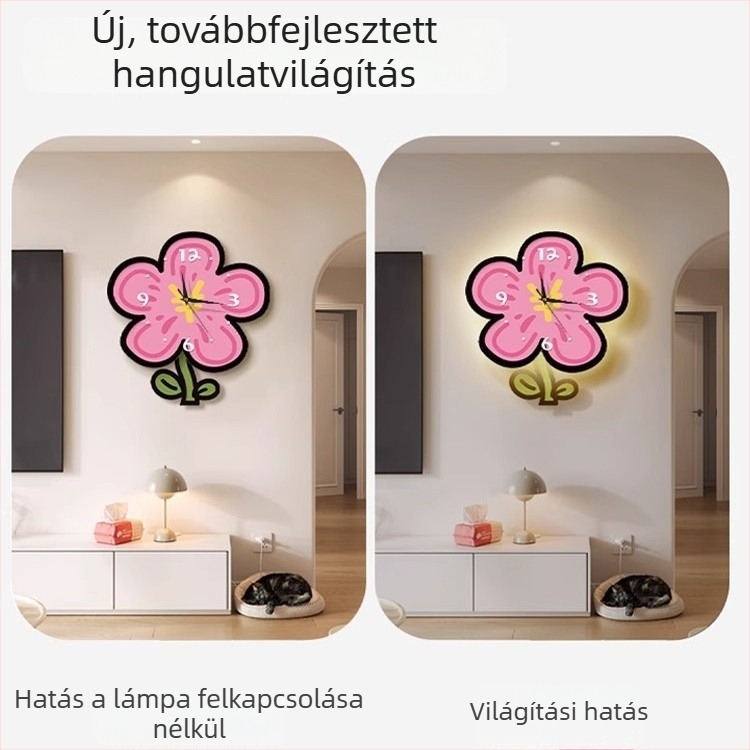 Dopaminos atmoszférájú világító falióra, virágos dizájn, csendes járás, lengő kivitel nappaliba és hálószobába