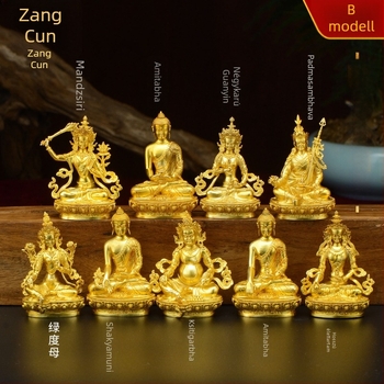 Teljes aranyozott réz figurák Padmasambhava, Bhaisajyaguru, Zöld Tara, Manjushri, Shakyamuni Buddha, Amitábha és a sárga Dzambhala személyes használatra