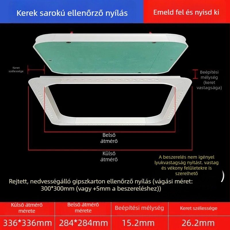 Rejtett karbantartási nyílás gipszkarton mennyezethez, lekerekített sarokkal és beépített fedéllel a központi légkondicionáló csöveihez