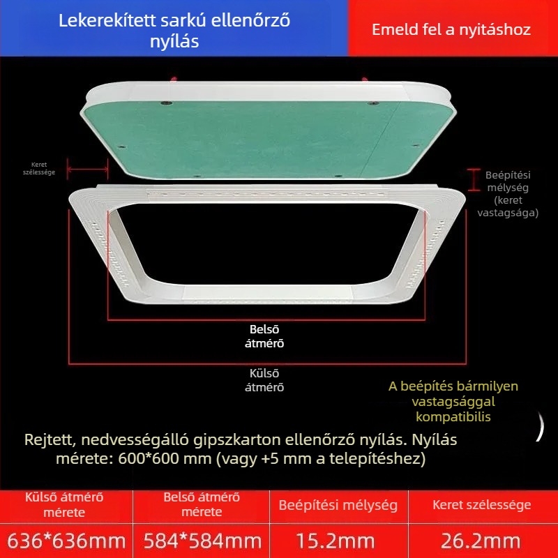 Rejtett karbantartási nyílás gipszkarton mennyezethez, lekerekített sarokkal és beépített fedéllel a központi légkondicionáló csöveihez