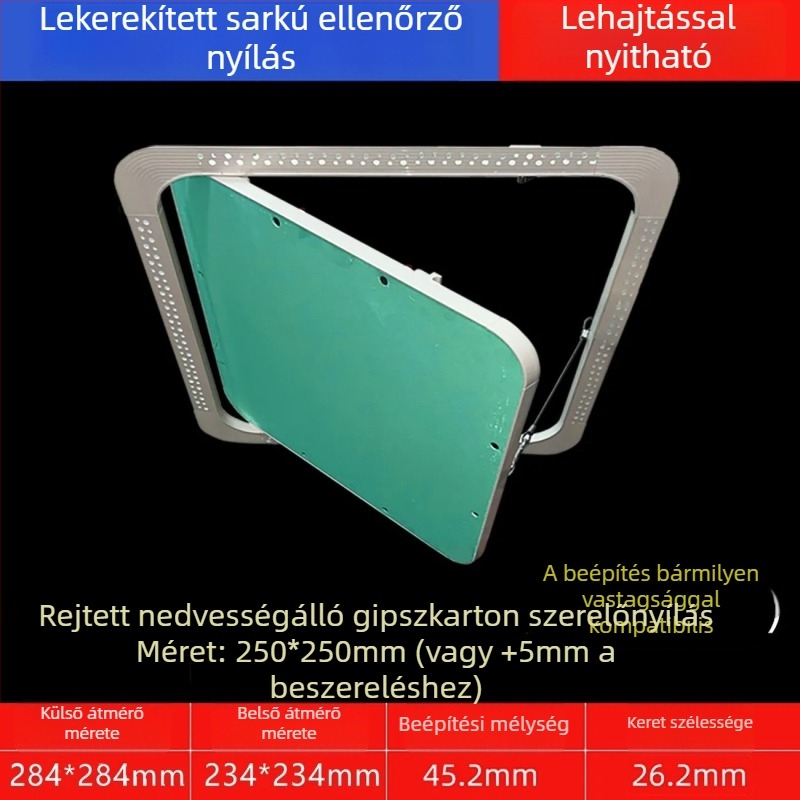 Rejtett karbantartási nyílás gipszkarton mennyezethez, lekerekített sarokkal és beépített fedéllel a központi légkondicionáló csöveihez