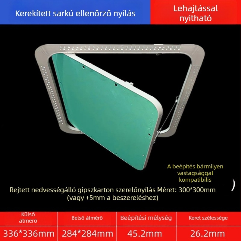 Rejtett karbantartási nyílás gipszkarton mennyezethez, lekerekített sarokkal és beépített fedéllel a központi légkondicionáló csöveihez