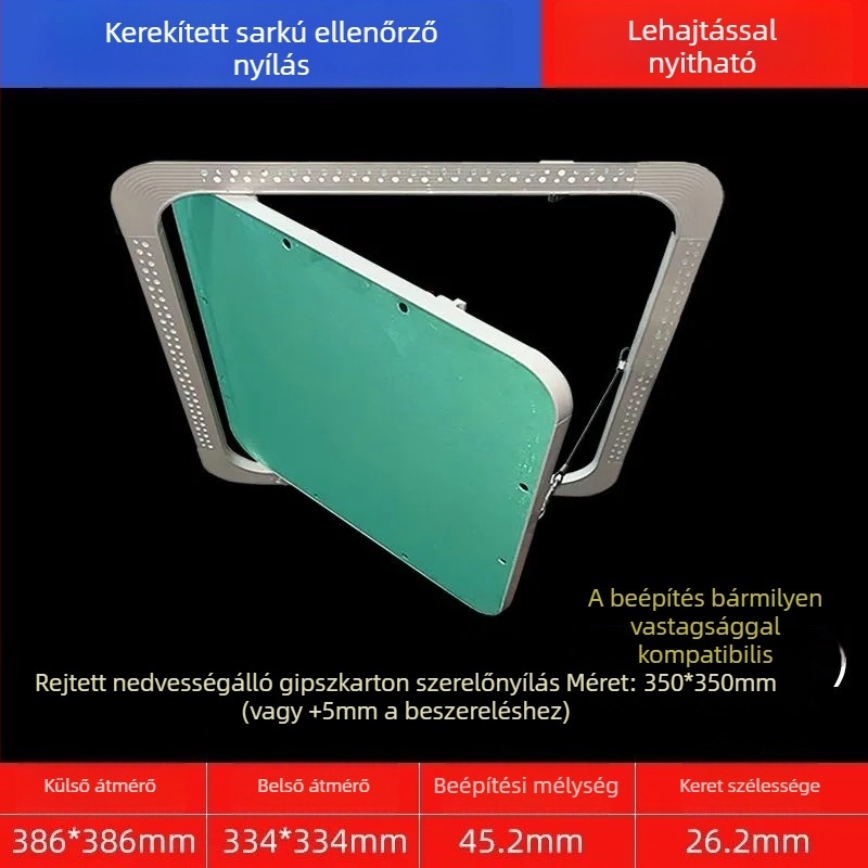 Rejtett karbantartási nyílás gipszkarton mennyezethez, lekerekített sarokkal és beépített fedéllel a központi légkondicionáló csöveihez