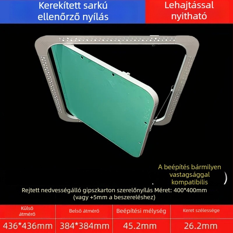 Rejtett karbantartási nyílás gipszkarton mennyezethez, lekerekített sarokkal és beépített fedéllel a központi légkondicionáló csöveihez