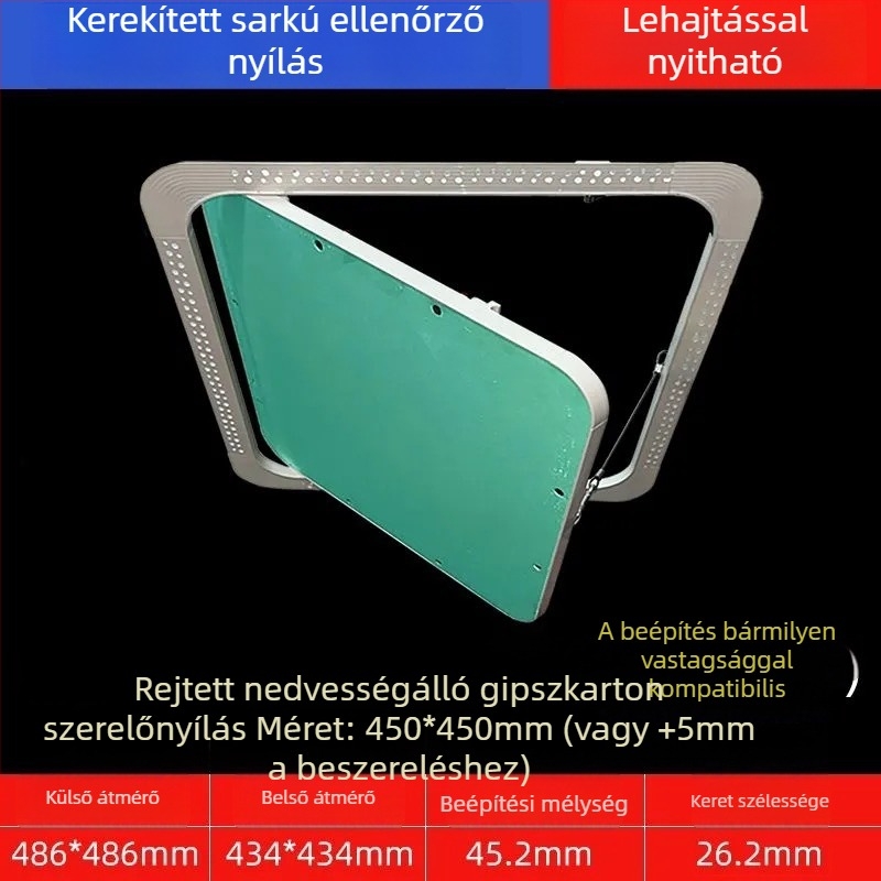 Rejtett karbantartási nyílás gipszkarton mennyezethez, lekerekített sarokkal és beépített fedéllel a központi légkondicionáló csöveihez
