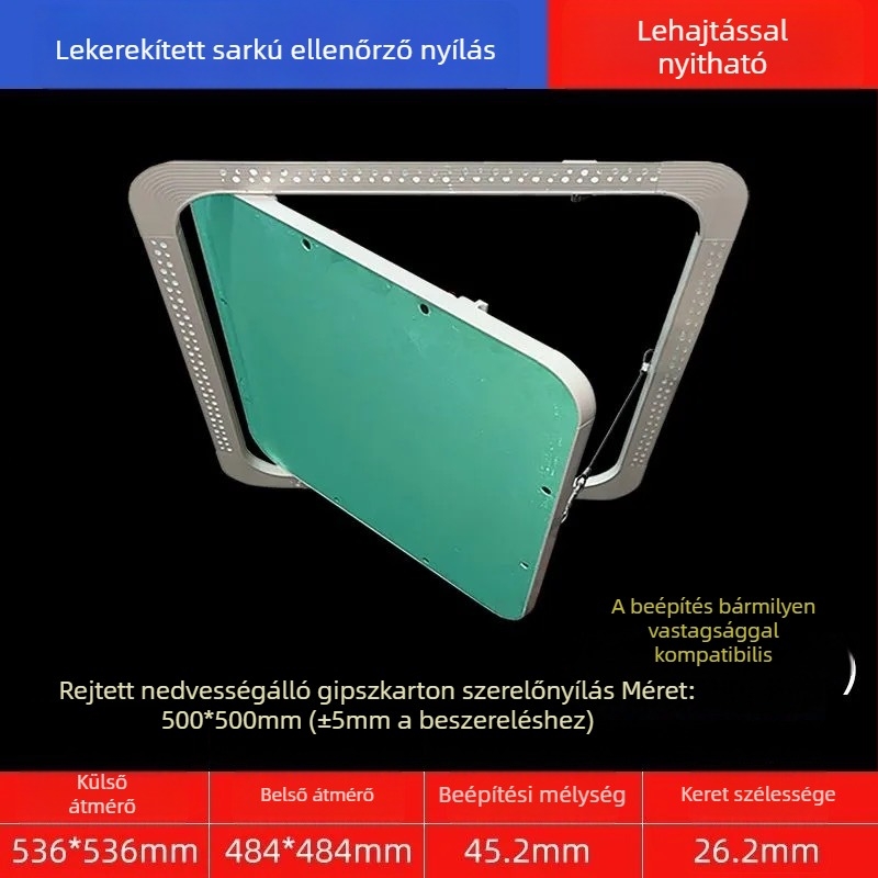 Rejtett karbantartási nyílás gipszkarton mennyezethez, lekerekített sarokkal és beépített fedéllel a központi légkondicionáló csöveihez