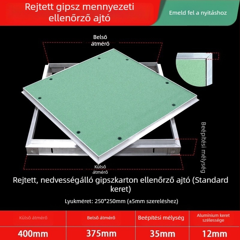 Rejtett karbantartási nyílás gipszkarton mennyezethez, lekerekített sarokkal és beépített fedéllel a központi légkondicionáló csöveihez
