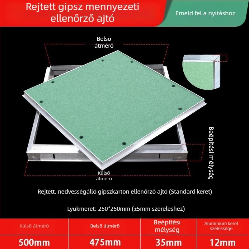 Rejtett karbantartási nyílás gipszkarton mennyezethez, lekerekített sarokkal és beépített fedéllel a központi légkondicionáló csöveihez