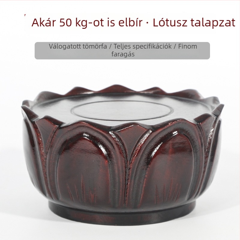 Kör alakú tömörfa talapzat otthoni oltárhoz Buddha-, Guanyin-szobrokkal és a Bőség Istenével