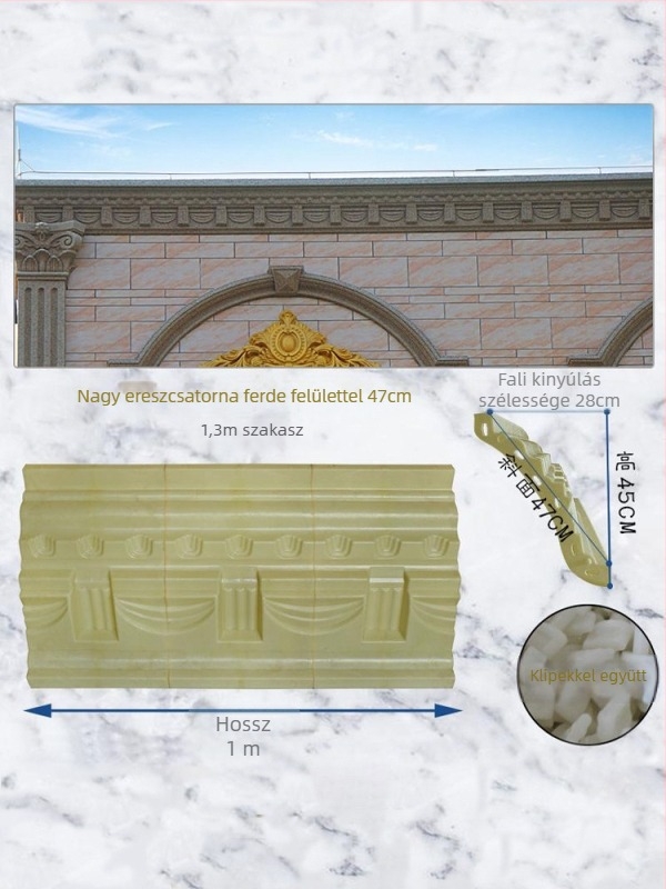 Cement alkatrészek gyártásához készült formák, ereszprofilok, római oszlopok, villa ereszcsatornájának csapadékvonal formái, külső falak dekorációja
