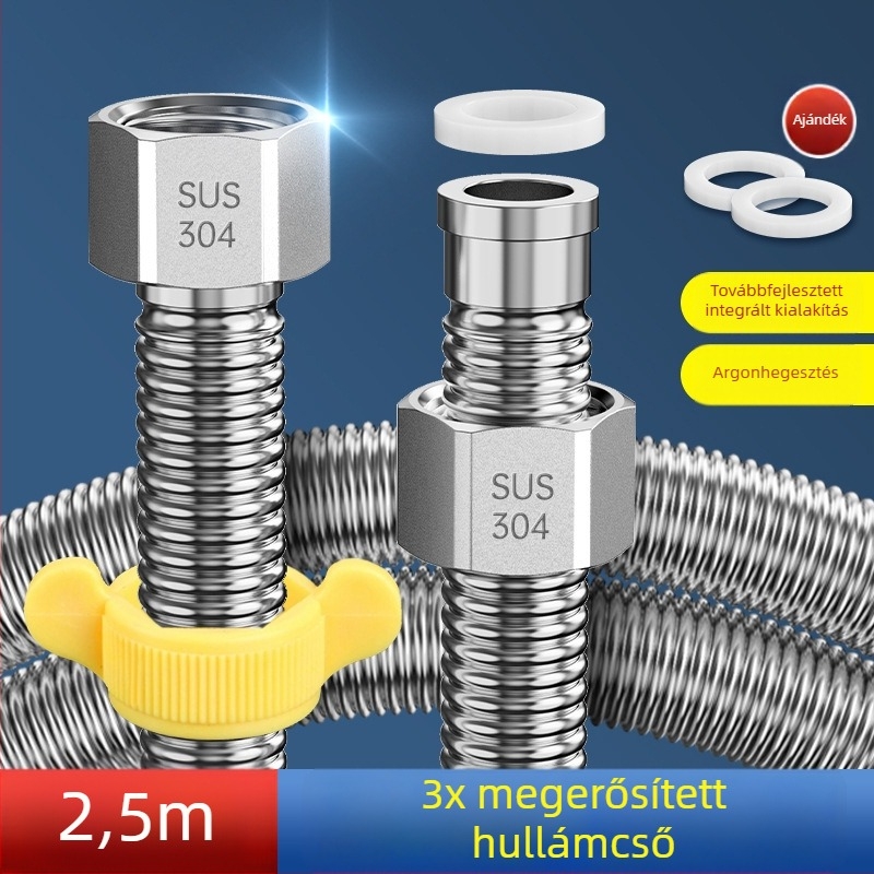 304 rozsdamentes acélból készült görbült falú, megerősített, rugalmas cső bojlerhez és WC-hez, forró és hideg víz bemenet, robusztus fémcső