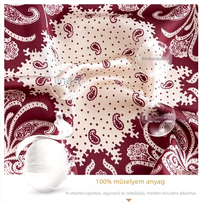 Vörös Paisley mintás négyzet alakú sál, poliészter, selyemhatás, 68×68 cm, uniszex, brit stílus, cashew virág motívum