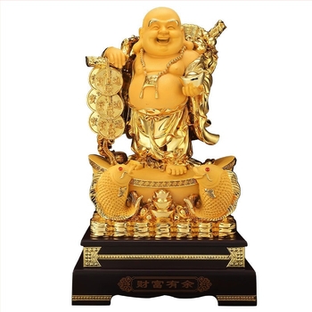 Arany Maitreya Buddha szobor a Bőség Istennel, sárkányteknős motívummal, mosolygós nagy pocakú Buddha a nappalira