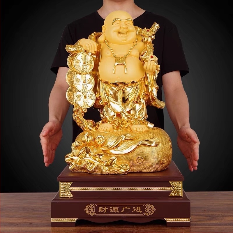 Arany Maitreya Buddha szobor a Bőség Istennel, sárkányteknős motívummal, mosolygós nagy pocakú Buddha a nappalira