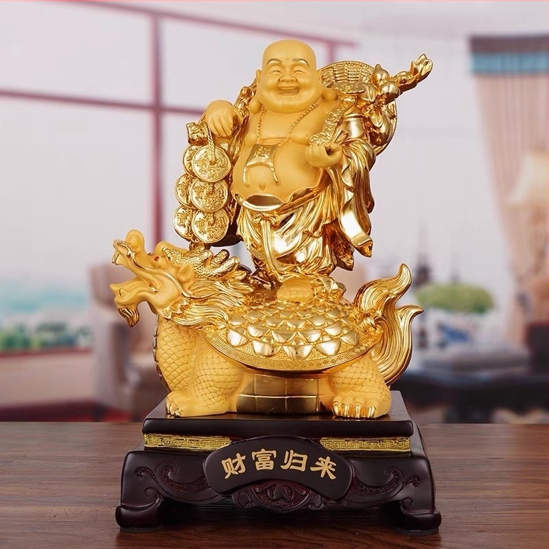 Arany Maitreya Buddha szobor a Bőség Istennel, sárkányteknős motívummal, mosolygós nagy pocakú Buddha a nappalira