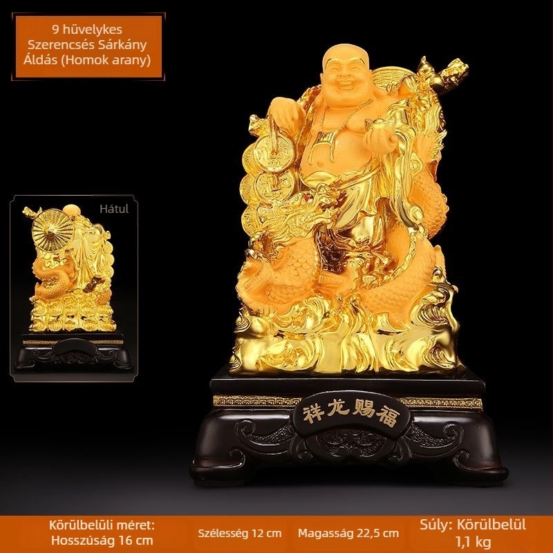 Arany Maitreya Buddha szobor a Bőség Istennel, sárkányteknős motívummal, mosolygós nagy pocakú Buddha a nappalira