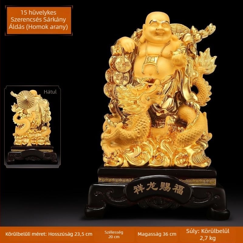 Arany Maitreya Buddha szobor a Bőség Istennel, sárkányteknős motívummal, mosolygós nagy pocakú Buddha a nappalira