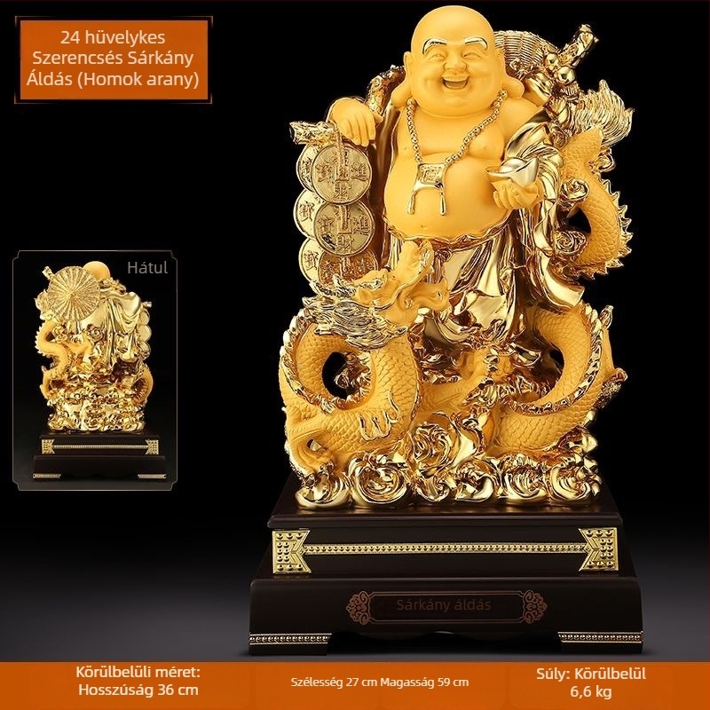 Arany Maitreya Buddha szobor a Bőség Istennel, sárkányteknős motívummal, mosolygós nagy pocakú Buddha a nappalira