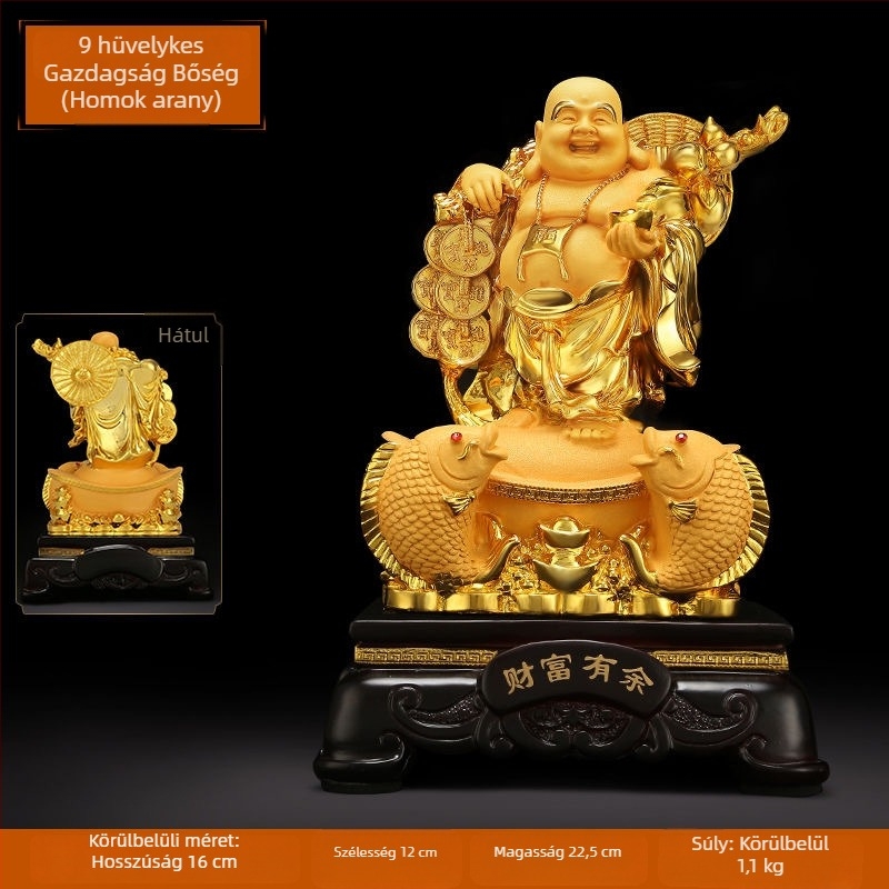 Arany Maitreya Buddha szobor a Bőség Istennel, sárkányteknős motívummal, mosolygós nagy pocakú Buddha a nappalira