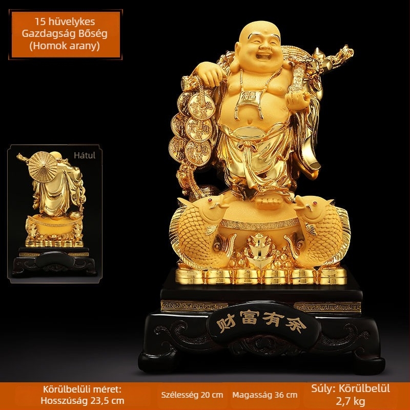 Arany Maitreya Buddha szobor a Bőség Istennel, sárkányteknős motívummal, mosolygós nagy pocakú Buddha a nappalira