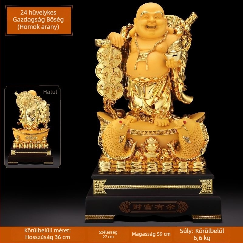 Arany Maitreya Buddha szobor a Bőség Istennel, sárkányteknős motívummal, mosolygós nagy pocakú Buddha a nappalira