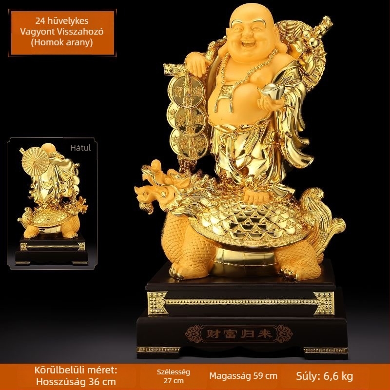 Arany Maitreya Buddha szobor a Bőség Istennel, sárkányteknős motívummal, mosolygós nagy pocakú Buddha a nappalira
