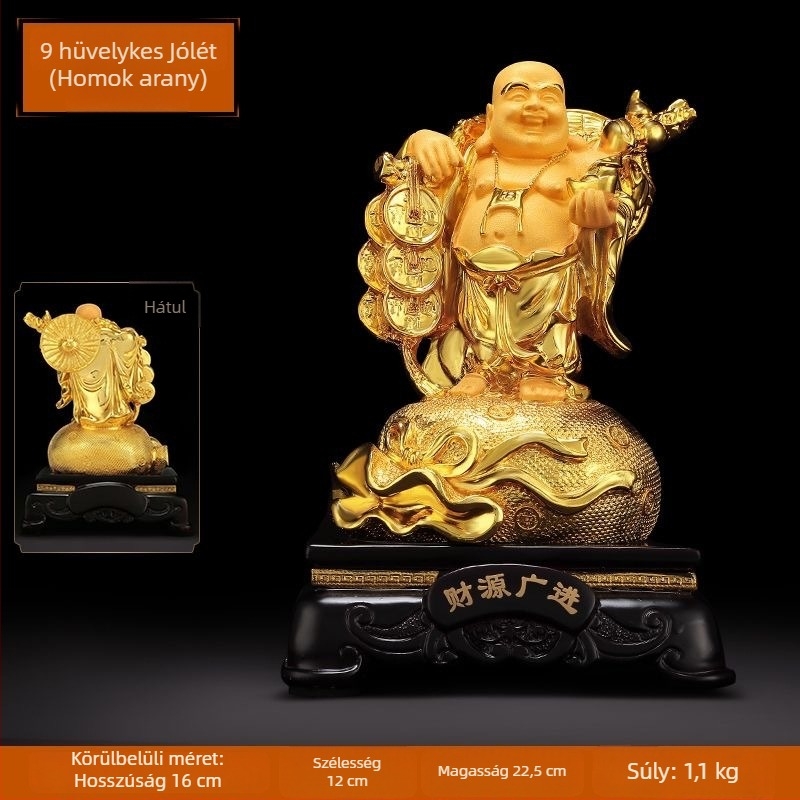 Arany Maitreya Buddha szobor a Bőség Istennel, sárkányteknős motívummal, mosolygós nagy pocakú Buddha a nappalira
