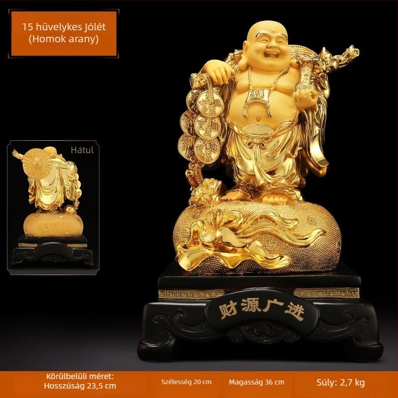 Arany Maitreya Buddha szobor a Bőség Istennel, sárkányteknős motívummal, mosolygós nagy pocakú Buddha a nappalira
