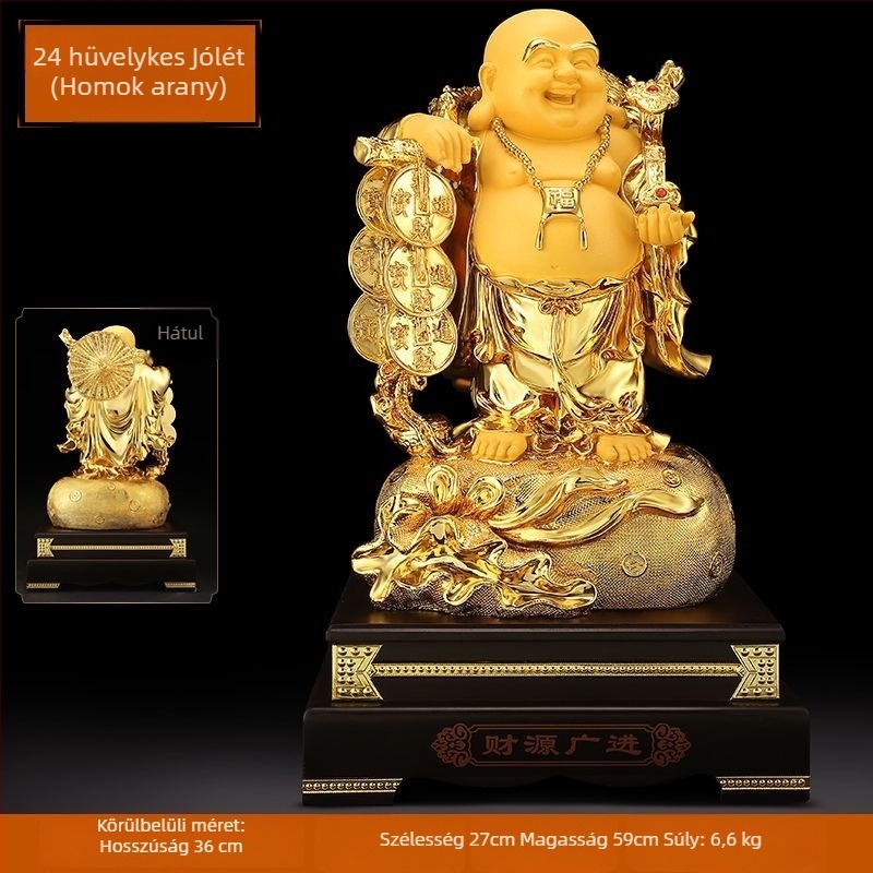 Arany Maitreya Buddha szobor a Bőség Istennel, sárkányteknős motívummal, mosolygós nagy pocakú Buddha a nappalira