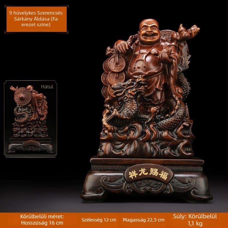Arany Maitreya Buddha szobor a Bőség Istennel, sárkányteknős motívummal, mosolygós nagy pocakú Buddha a nappalira
