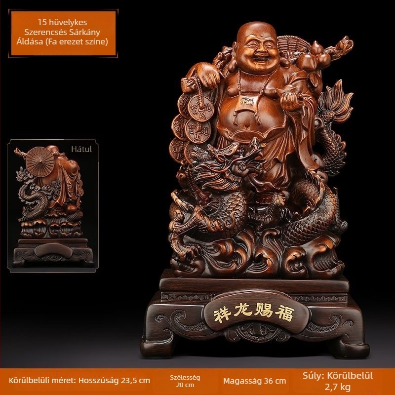 Arany Maitreya Buddha szobor a Bőség Istennel, sárkányteknős motívummal, mosolygós nagy pocakú Buddha a nappalira